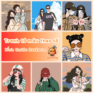 Tranh tô màu theo số 20x20cm mẫu Cặp đôi và Cô Gái có khung kèm màu và cọ