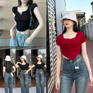 Áo croptop cúc ngực body sexy nữ đen đỏ, chất liệu thun tăm xịn sò