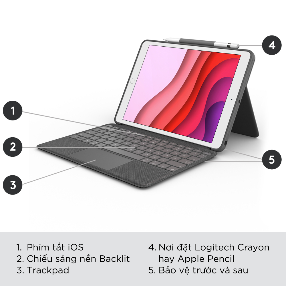Bao da kèm bàn phím Logitech Combo Touch dành cho iPad Gen 7, Gen 8 và Gen 9 (10.2 Inch)