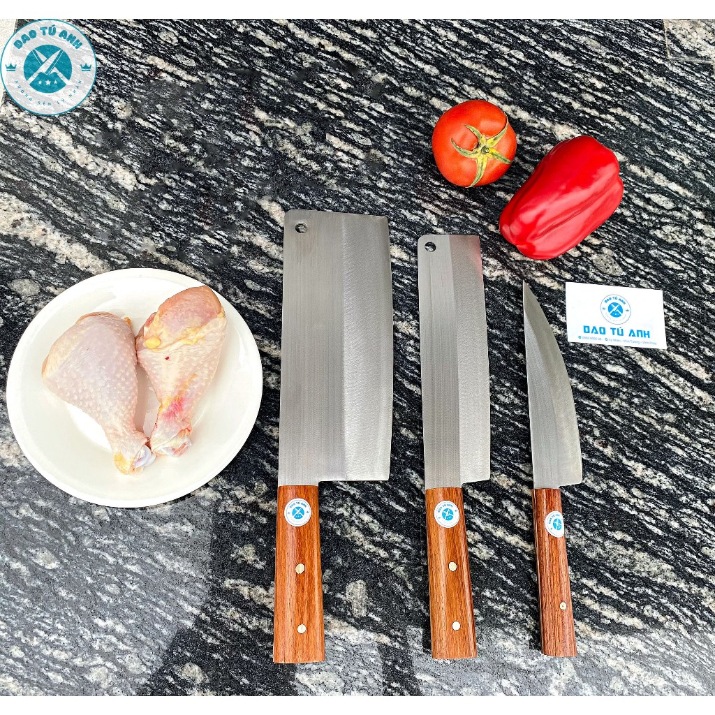 Bộ 3 dao thép trắng inox 440c làm bếp chống han rỉ chuôi gỗ hương đá