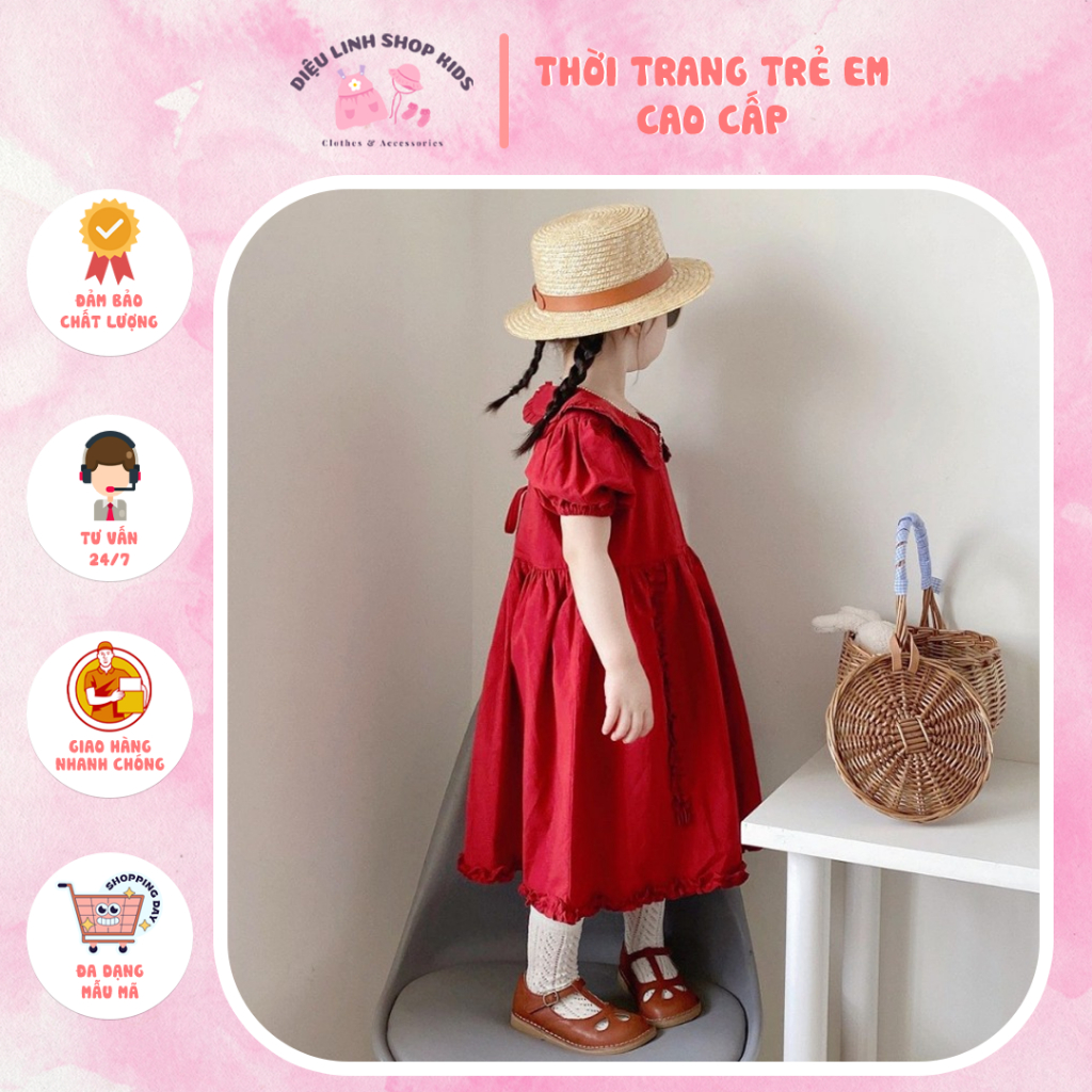 Váy Babydoll Cổ Sen Diệu Linh Shop Kids - Đầm Cho Bé Bèo Đỏ Siêu Sang Thiết Kế Thoải Mái Cho Bé Đi Chơi DL 07(9-30kg)