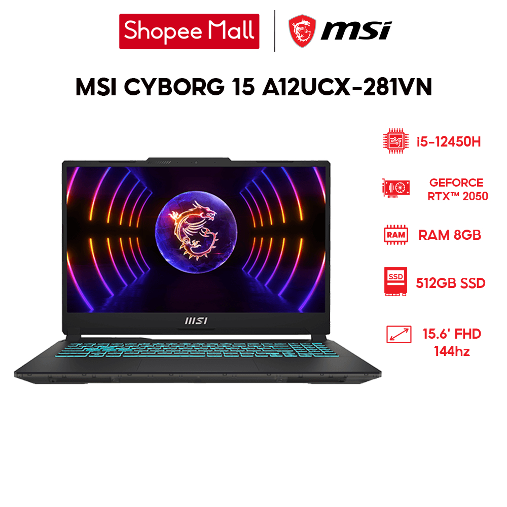 [Nhập ELGAME22 giảm 10%] Laptop MSI Cyborg 15 A12UCX-281VN i5-12450H | 8GB | 512GB | RTX 2050