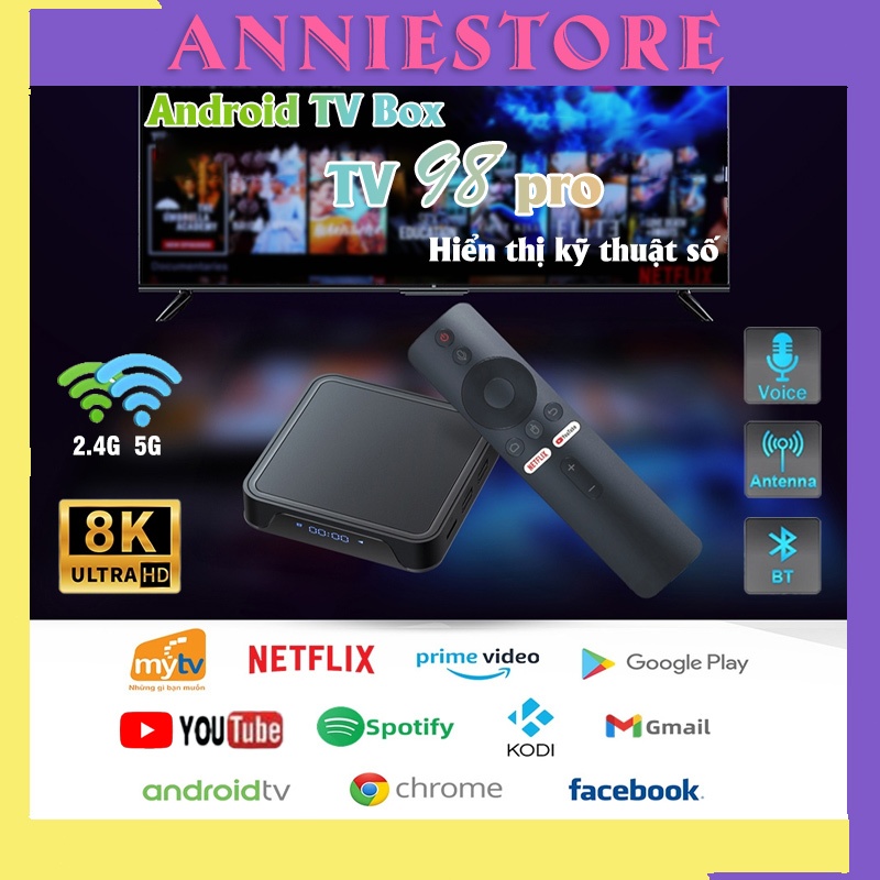 Android TV Box TV98 Pro Hỗ Trợ Kiểm Soát Giọng Nói Việt 5G WiFi Bluetooth 8K HD Băng Tần Kép Tivi Box 100 Kênh Miễn Phí