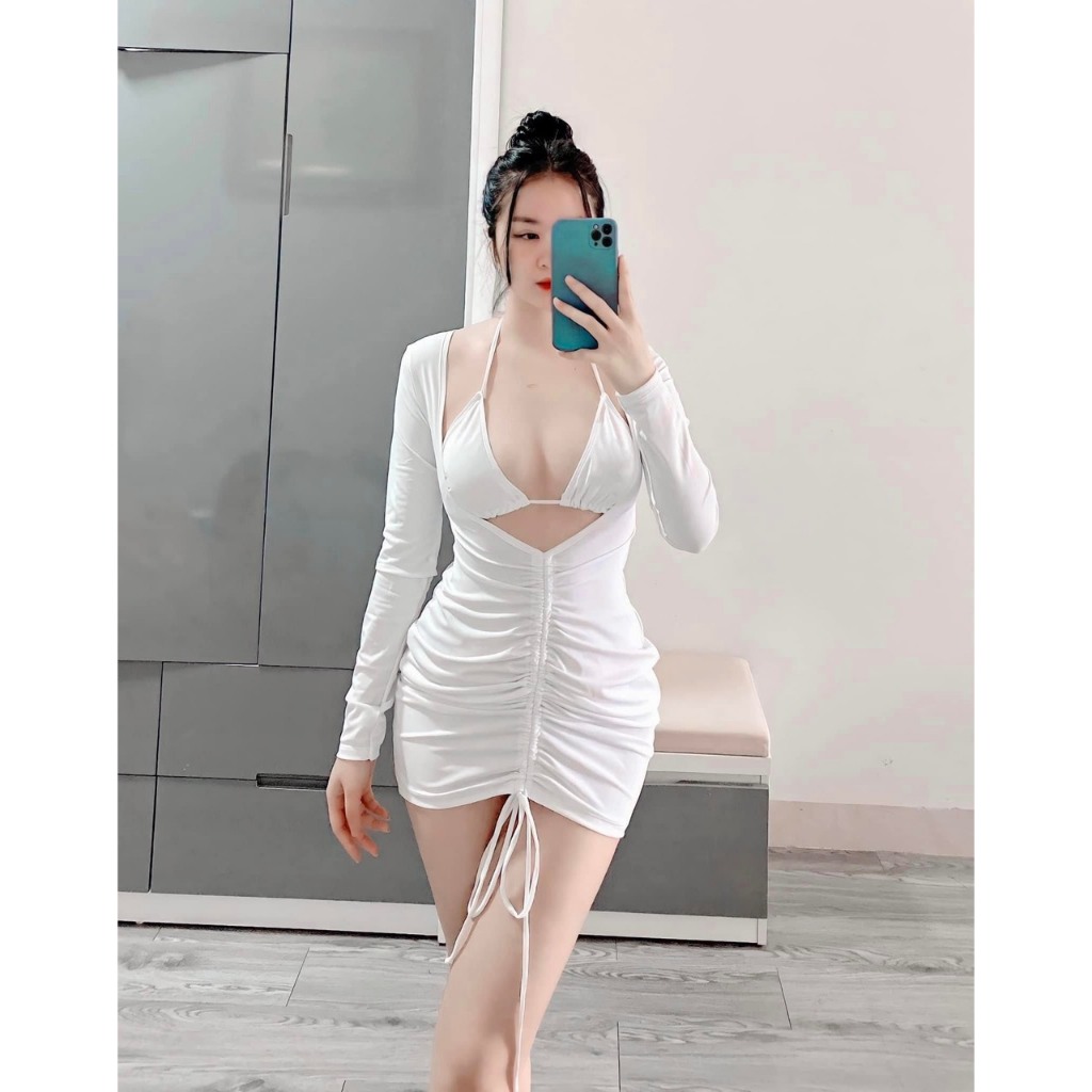 Bikini 3 chi tiết sang chảnh kèm áo choàng dây rút bụng có thể mặc lẻ. Đồ bơi nữ che khuyết điểm sẵn đệm mút - B03 | BigBuy360 - bigbuy360.vn