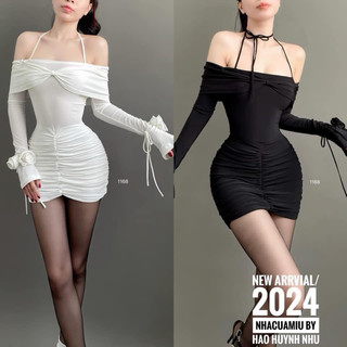 ĐẦM THIẾT KẾ TRỄ VAI TAY DÀI ĐINH HOA DÁNG NGẮN NHÚN HÔNG SEXY