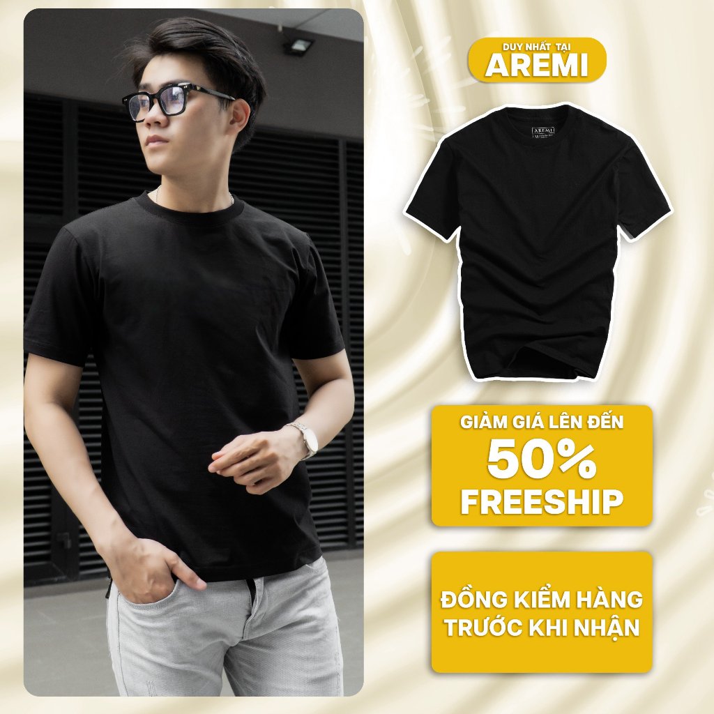 Áo thun nam cổ tròn, T-SHIRT trơn màu đen AREMI, vải Cotton co giãn 4 chiều ATS0003