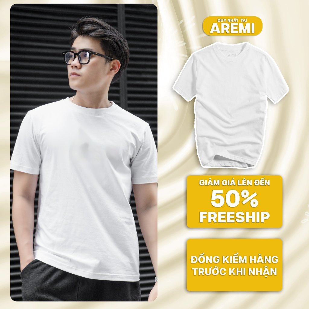 Áo thun nam T-shirt trơn AREMI màu trắng, chất Liệu cotton 4 chiều form chuẩn phong cách đơn giản ATS0002