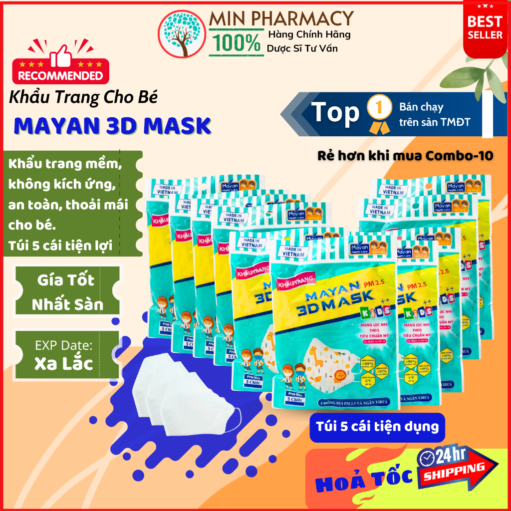 COMBO 10 TÚI Khẩu Trang màu trắng MAYAN 3D PM2.5 Kids++ cho trẻ em (túi 5 cái) - Minpharmacy