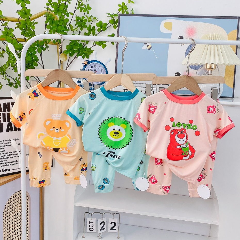 Bộ dài họa tiết gấu cho bé nằm điều hòa, Chất thun lạnh co giãn tốt, mềm mịn - D02