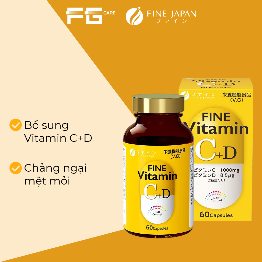 Viên Uống Bổ Sung Vitamin C, D, Ngừa Suy Nhược - Fine Japan Vitamin C D Hộp 60 Viên