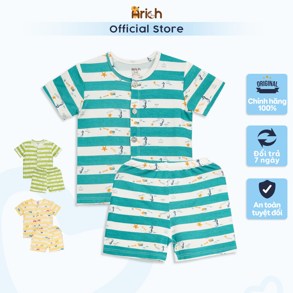 Newborn- 18 tháng ,Bộ cộc tay cài thẳng  họa tiết sọc vải sợi tre Arich mềm, mát