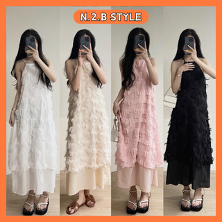 Đầm maxi, đầm hai dây cổ yếm lông vũ dáng suông dài họa tiết tua rua có lót trong N2Bstyle