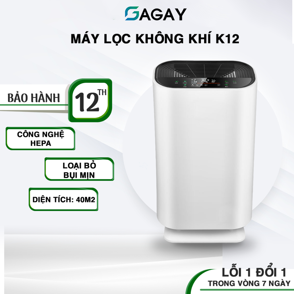 Máy lọc không khí K12, lọc sạch khói bụi, diệt khuẩn, công nghệ HEPA, loại bỏ bụi PM2.5 GAGAY CLEAN