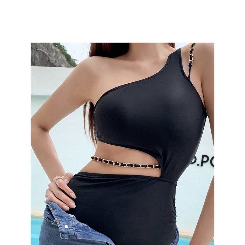 Bikini đồ bô 1 mảnh liền thân nữ khoét eo phối dây xích kiểu dáng body suit cạp cao che bu g rút dây hông | BigBuy360 - bigbuy360.vn
