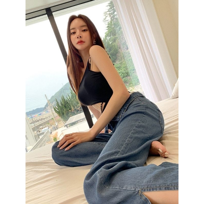 Bikini đồ bô 1 mảnh liền thân nữ khoét eo phối dây xích kiểu dáng body suit cạp cao che bu g rút dây hông | BigBuy360 - bigbuy360.vn