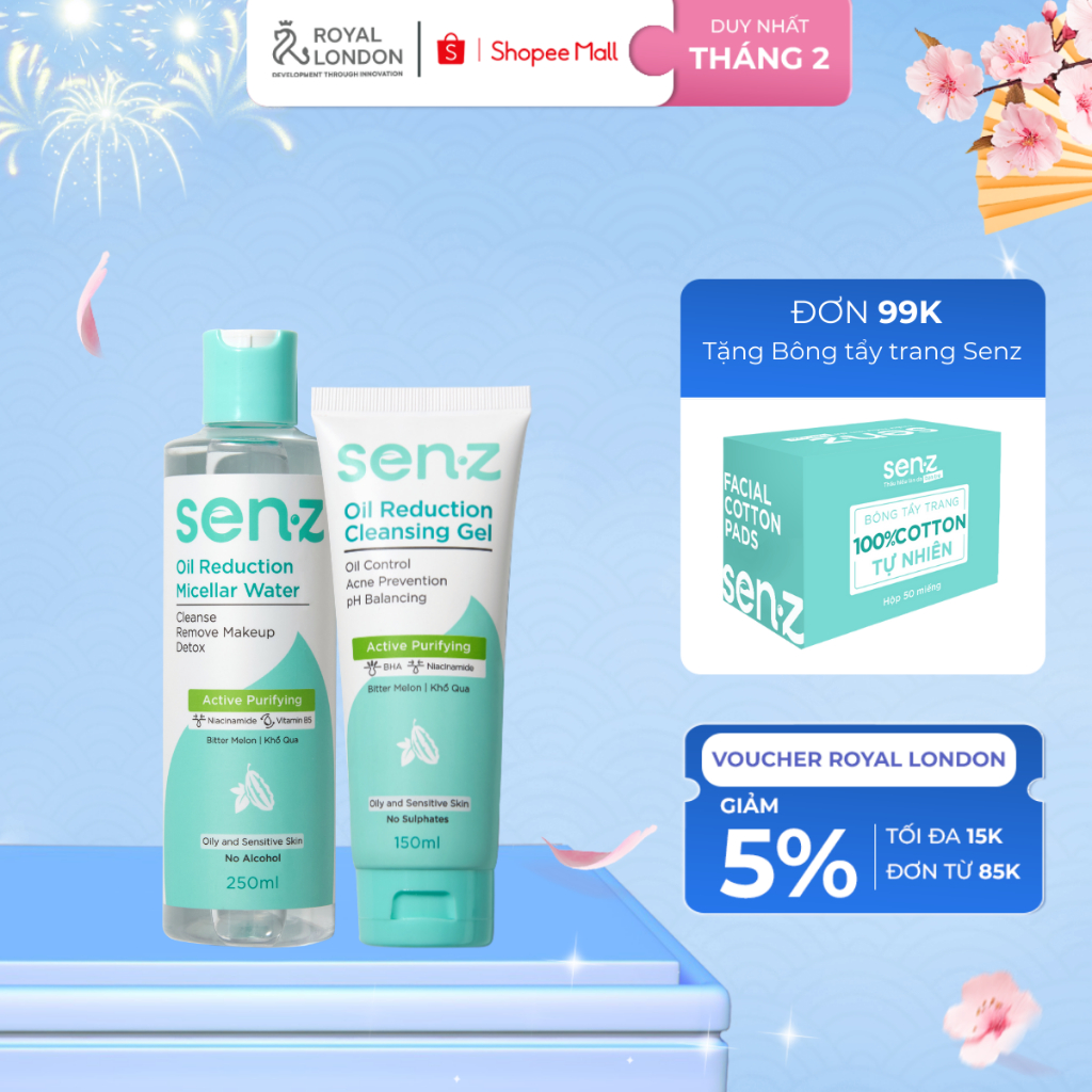 Bộ Đôi Tẩy Trang + Sữa Rửa Mặt Khổ Qua SENZ Oil Reduction Micellar Water & Cleansing Gel Cho Da Dầu 250ml + 150ml