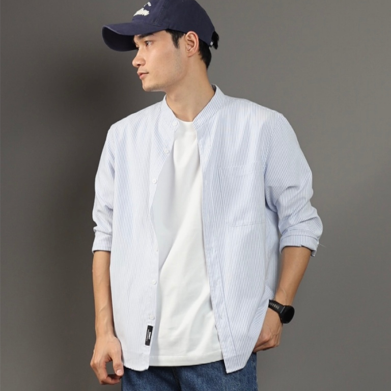 Áo sơ mi nam cổ trụ DENIMST 355, chất liệu cotton oxford, màu kẻ xanh trẻ trung thanh lịch, phong cách Hàn Quốc