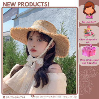 (RS010)Mũ cói đi biển vành rộng đan mỏng có dây thắt nơ cao cấp_ Mũ cói vành rộng QCCC hottrend 2024