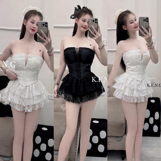 Set áo quây cúp gọng mix chân váy ren xoè tầng