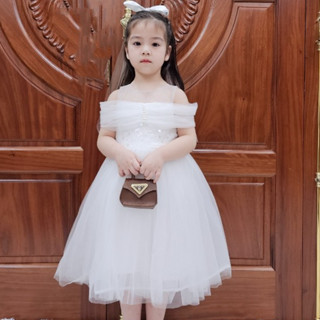 [Tặng Kèm Núp] Set Váy Cườm Hở Vai 4 Lớp Xinh Xắn Mềm Mại Cho Bé Gái- Táo buộc dây