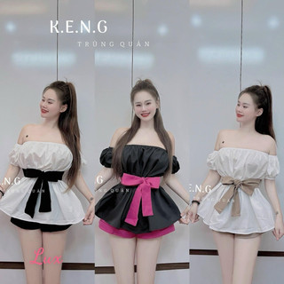 Set áo peplum xoè bẹt trễ vai tay ngắn phồng + dây cột eo + quần short đùi