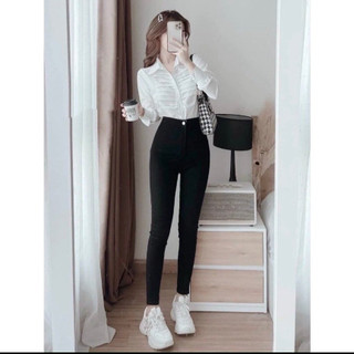 quần lưng cao nữ màu đen trơn 1 nút lưng cao, Quần jean nữ chất denim co dãn nhẹ thoái mái MQ10