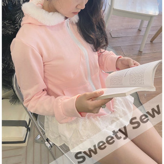 Pink Hoodies - Áo khoác Hoodie Zip Hồng phối lông phong cách Coquette