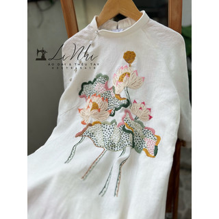 Set áo dài thêu hoa sen đã bao gồm quần linen tưng premium washed 150gsm