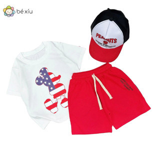 Bộ quần áo THUN COTTON KÈM MŨ gồm 3 chi tiết quần đùi áo thun và mũ cực kỳ ấn tượng cho bé trai 12-28 Kg