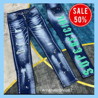 Quần bò nam xanh dsq vẩy sơn rách nhẹ in sơn chữ sau ống quần 4 cúc cài đơn giản