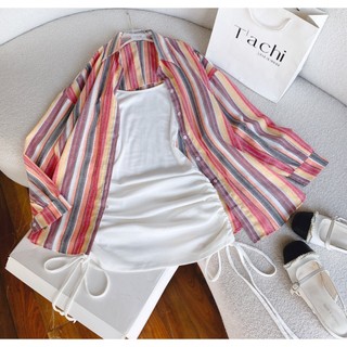 Set đầm body gân tăm trắng rút dây + áo sơ mi sọc màu