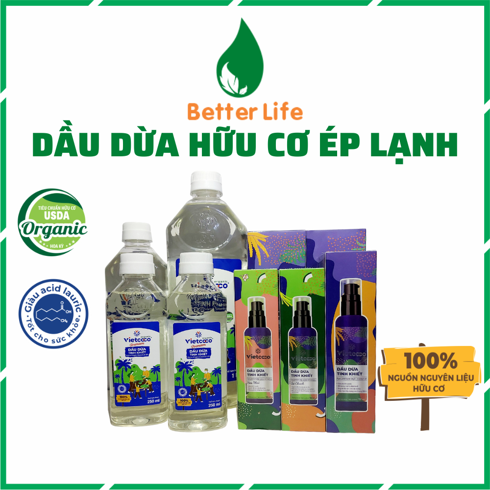 Dầu Dừa Hữu Cơ Ép Lạnh Tinh Khiết 100% Nguyên Chất Vietcoco Dưỡng Tóc Óng Mượt Chống Rụng Tóc, Dưỡng Da Trắng Sáng