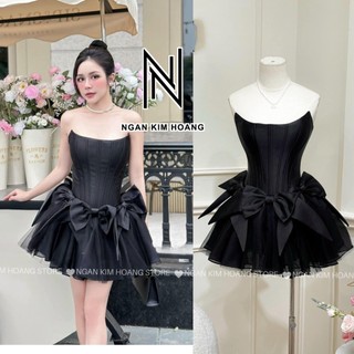 Đầm thiết kế , ống cúp ngực dưới xòe đính nơ cực xinh , chất lụa phối lưới dày dặn