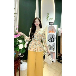 bộ bà ba nữ lụa mengo tay dài dún vai cổ ngọc phối quần lụa có 2 túi Diệu Thu