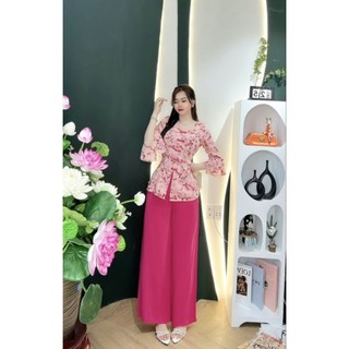 bộ bà ba nữ lụa mengo tay dài dún vai cổ ngọc phối quần lụa có 2 túi Diệu Thu