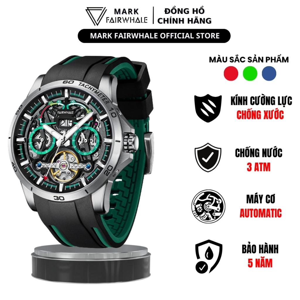 Đồng Hồ Nam Tourbillon Chính Hãng Mark Fairwhale FW014 Size 44mm Dây Đeo Silicone Chống Nước 30m Lộ Cơ Mặt Dial 2 mFW014