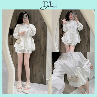Set Bộ Babydoll Trắng Cổ Trụ Đính Cúc Ngọc + Quần Short Dáng Tiểu Thư Sang Chảnh