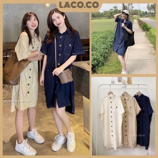 Váy sơ mi cọc tay dáng đuôi tôm chất đũi , Đầm sơ mi viền chỉ nổi form rộng tay ngắn LACO81