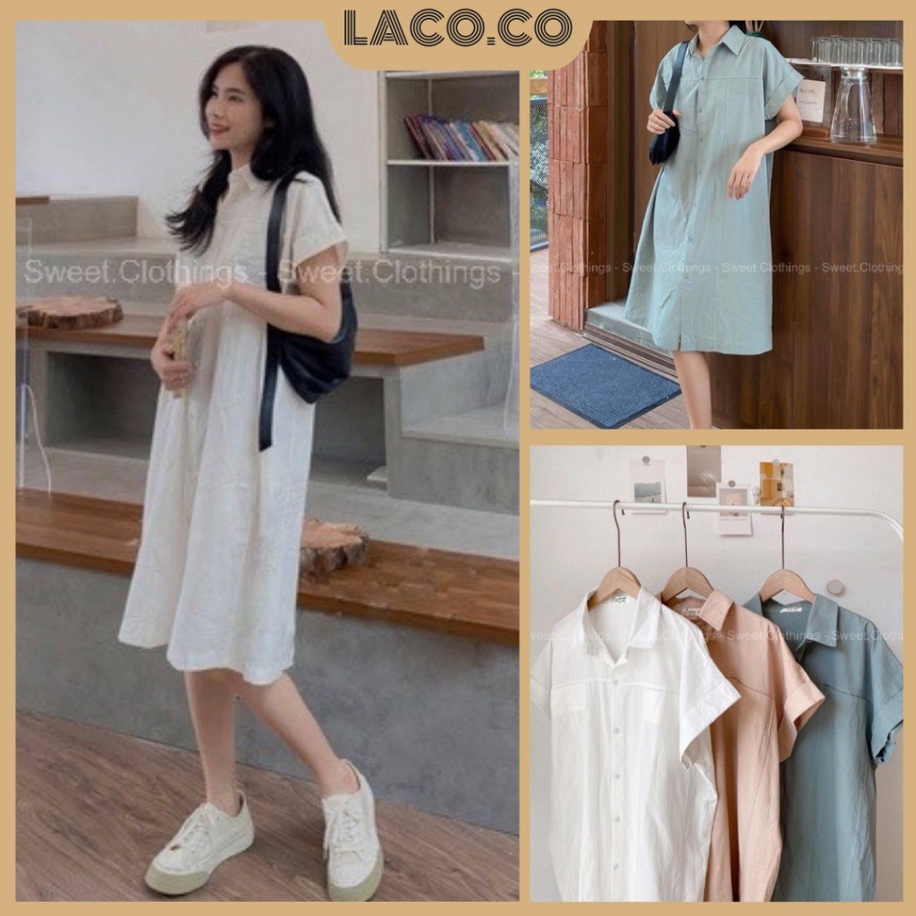 Váy Sơ Mi Cộc Tay Dáng Suông Chất Thô Đẹp, Váy Suông Tay Ngắn Nhẹ Nhàng MSP LACO77