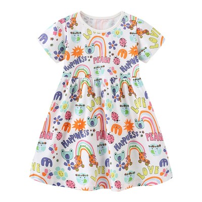 Váy bé gái cộc tay mùa hè chất cotton họa tiết đáng yêu cho trẻ em 2 đến 7 tuổi