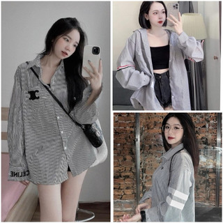 Áo sơmi dài tay kẻ sọc dáng unisex tay bồng💖áo sơ mi chất kẻ xốp hot trend 2024