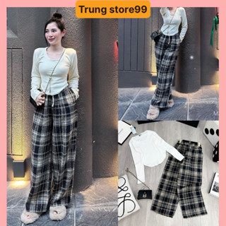 Set bộ đồ nữ áo dài tay len tăm mix quần karo, set áo đuôi tôm mix quần xuông kẻ karo --Trung store99