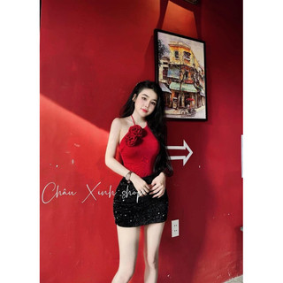 Áo pozip cổ yếm đính hoa có mút