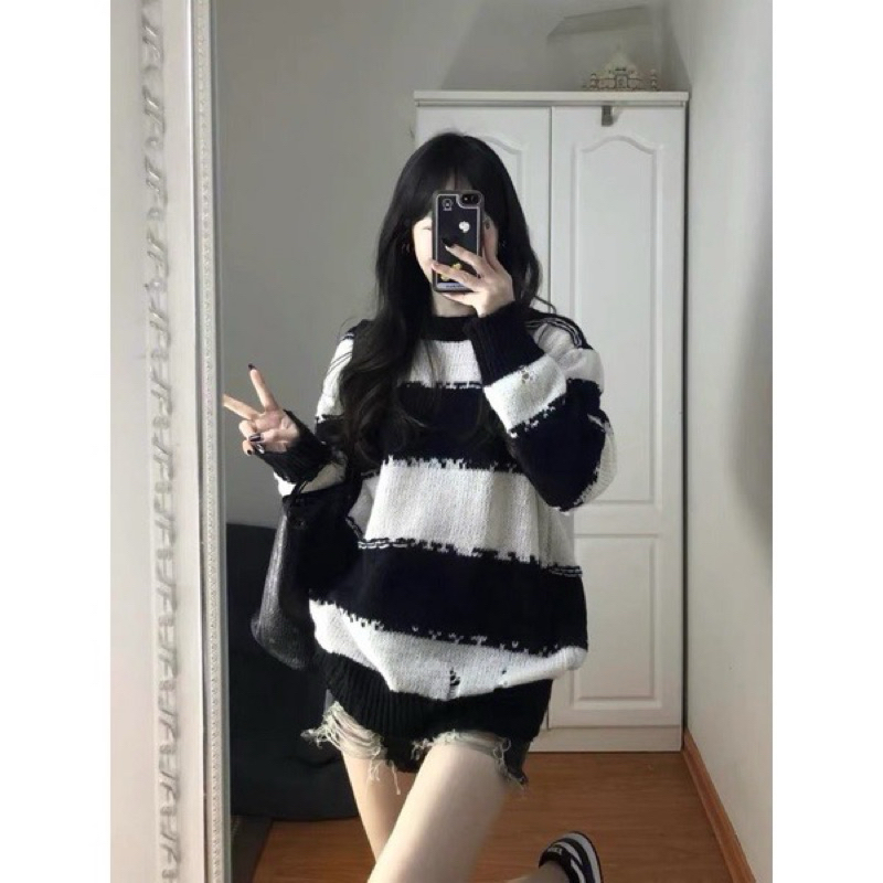 Pass áo len kẻ ngang rách hot trend new 99%