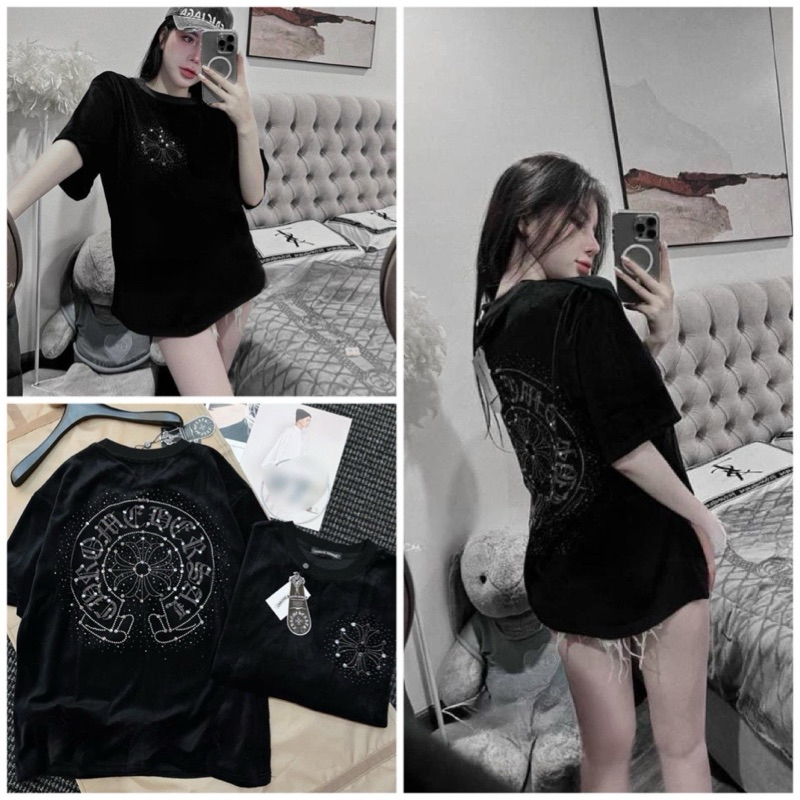 Áo Nhung Đính Đá Form Rộng Giấu Quần Chất Nhung Mền Mịn, Áo Thun Nam Nữ Unisex