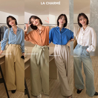 𝗟𝗔 𝗖𝗛𝗔𝗥𝗠𝗘́ | áo sơ mi lụa tơ trơn cổ đức 30586