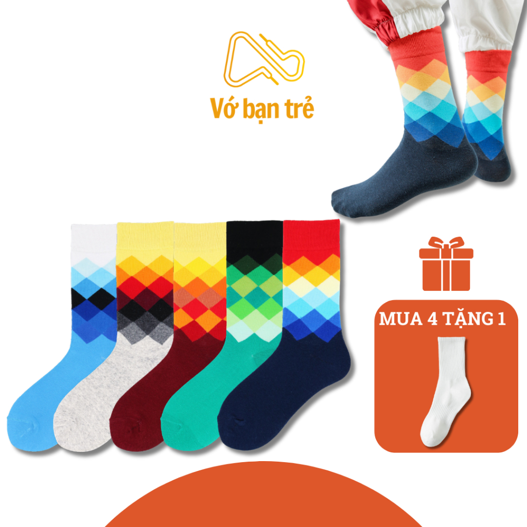 Tất kim cương VOBANTRE cổ trung nam nữ cotton co dãn chống trượt thoáng khí êm chân