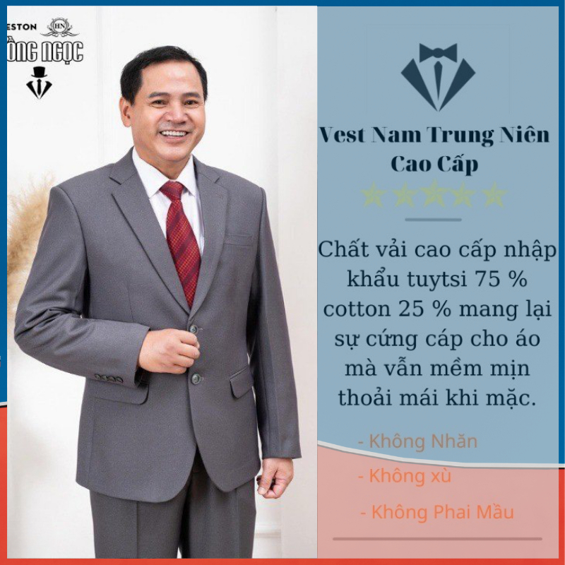 Vest Trung Niên Cao Cấp, Bộ Com Lê Trung Niên Hồng Ngọc Chất Liệu Vải Nhập Khẩu