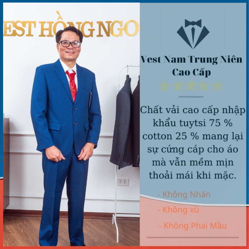 Vest Trung Niên Cao Cấp, Bộ Com Lê Trung Niên Hồng Ngọc Chất Liệu Vải Nhập Khẩu