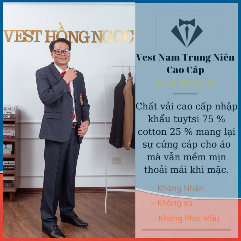 Vest Trung Niên Cao Cấp, Bộ Com Lê Trung Niên Hồng Ngọc Chất Liệu Vải Nhập Khẩu